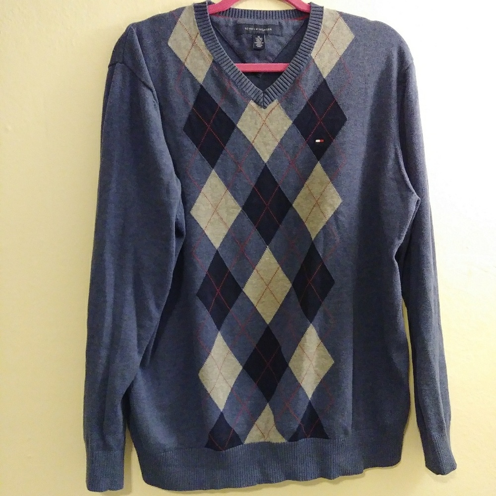 Men's Tommy Hilfiger Argyle Sweater XL Blue Grey